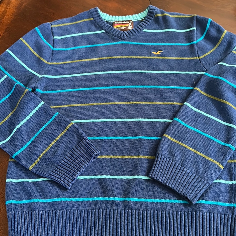 Hollister Co. Logo Striped Blue V-Neck Y2K Casual Coastal Sweater XL